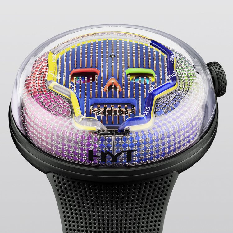 HTY，Soonow Instant Rainbow腕表，專利流體時間顯示，動力儲存顯示，全世界限量八只，375萬元。圖 / HYT提供。