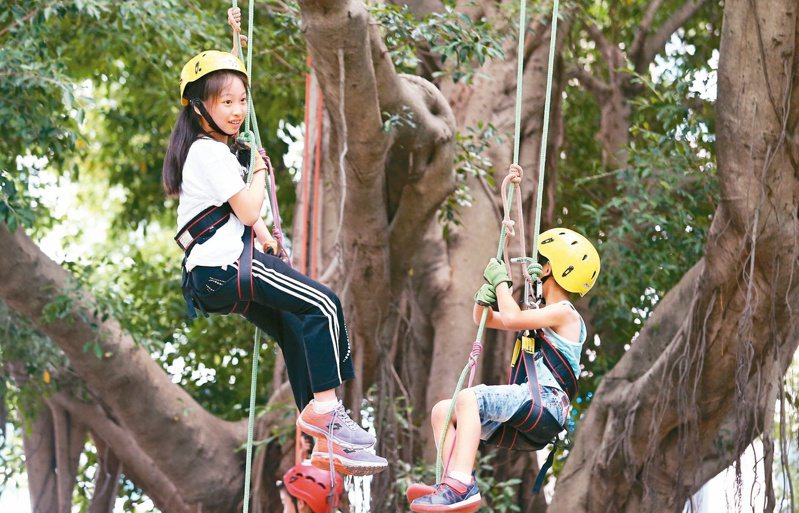 「牽手種樹嘉年華」活動中，攀樹體驗讓孩童更能親近樹木。記者曾原信／攝影