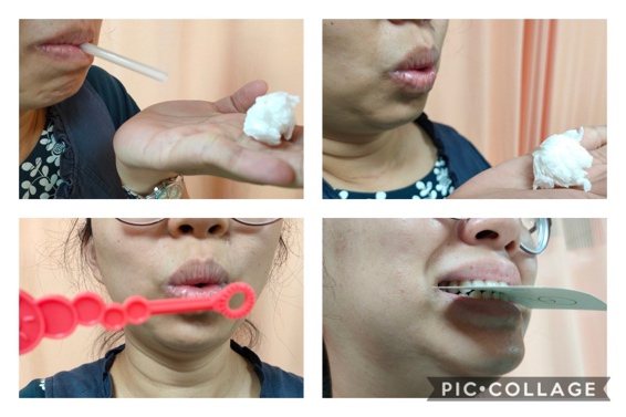 幼童可利用吹泡泡、咬紙張遊戲，增加唇、齒、雙頰、下頜等器官的發展。圖／南投醫院提供
