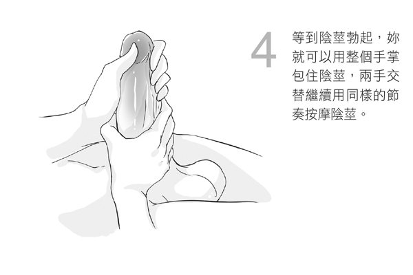 4. 等到陰莖勃起，妳就可以用整個手掌包住陰莖，兩手交替繼續用同樣的節奏按摩陰莖...