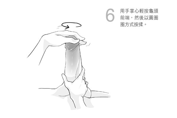 6. 用手掌心輕按龜頭前端，然後以圓圈圈方式按揉。圖／摘自《玩性：給女人的性愛指...