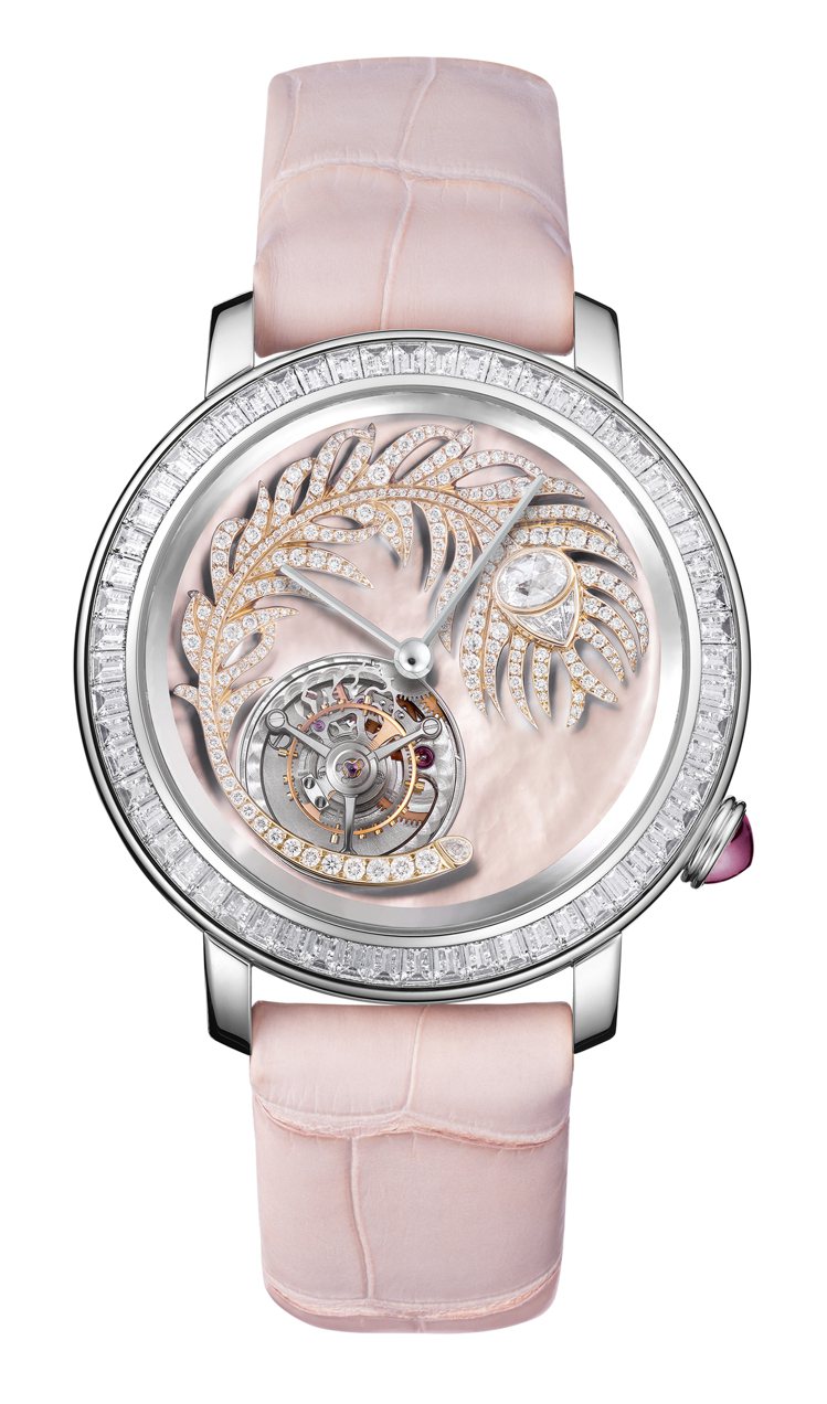 Boucheron，Epure d'Art系列Plume de Paon孔雀羽毛陀飛輪腕表，白金、玫瑰金，43毫米，鑲嵌365顆鑽石，約770萬元。圖 / Boucheron提供。