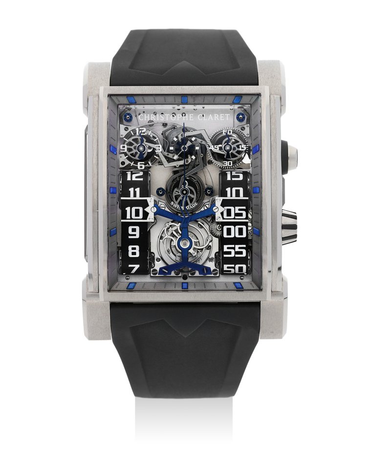 邦瀚斯「時計演進」推出Christophe Claret DualTow腕表，限量編號25/68，大型白金鏤空手上鍊單按紐計時及計時
啟動音嗚裝置，配陀飛輪及雙直線時間顯示，約2012年製。圖／邦瀚斯提供
