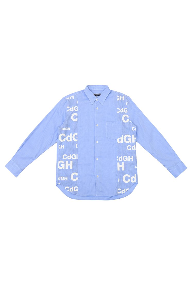 Comme des Garçons Homme藍色拼接LOGO襯衫，17,200元。圖／團團選品提供