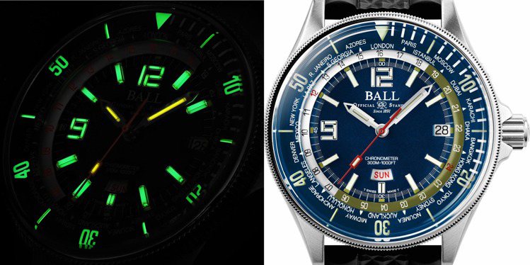 使用氚氣燈管的Ball Watch波爾表，缺點是氚氣燈管有衰退期，並非永恆發亮，優點是亮度強、且無需光源照明，自體發光，價格店洽。圖 / Ball Watch提供。