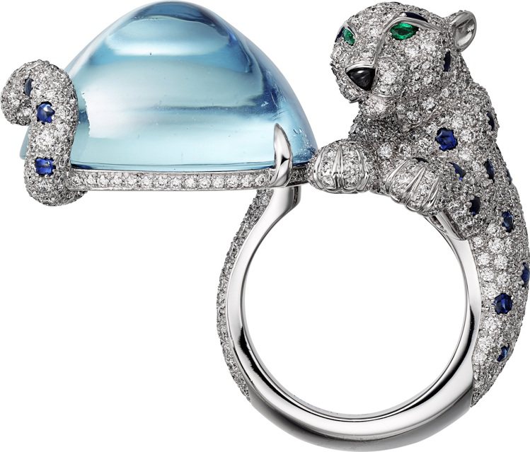 Cartier，Panthère de Cartier頂級珠寶戒指，搶眼的40.84克拉塔糖式切割海水藍寶與美洲豹捲尾設計，唯妙唯肖、霸氣外顯，約1,610萬元。圖 / Cartier提供。