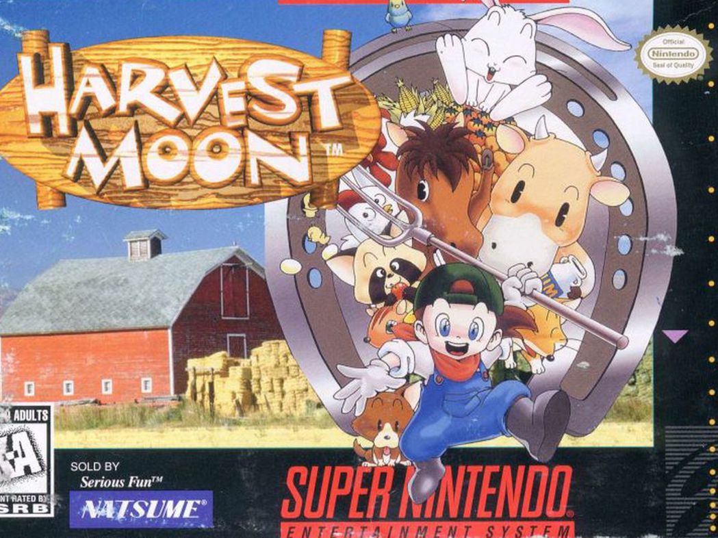 美版超級任天堂的牧場物語之遊戲封面圖，名稱為「Harvest Moon」