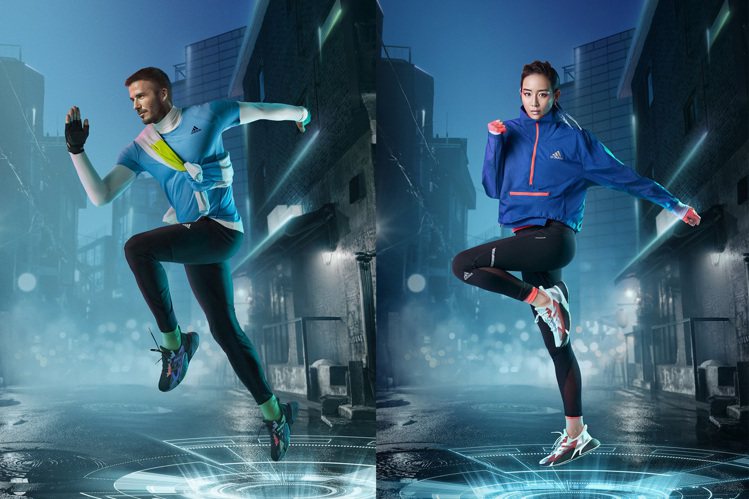 品牌代言人貝克漢（左）、張鈞甯（右）詮釋adidas X9000 L4跑鞋。圖／adidas提供