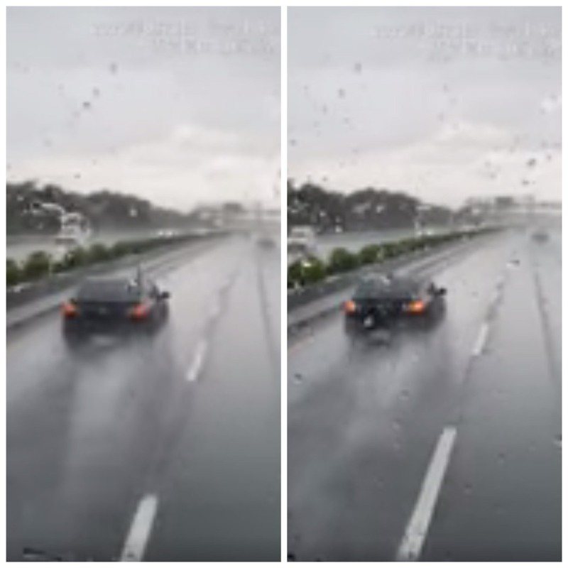 有網友在下雨天遇到前方車輛打開雙黃燈。圖／取自臉書