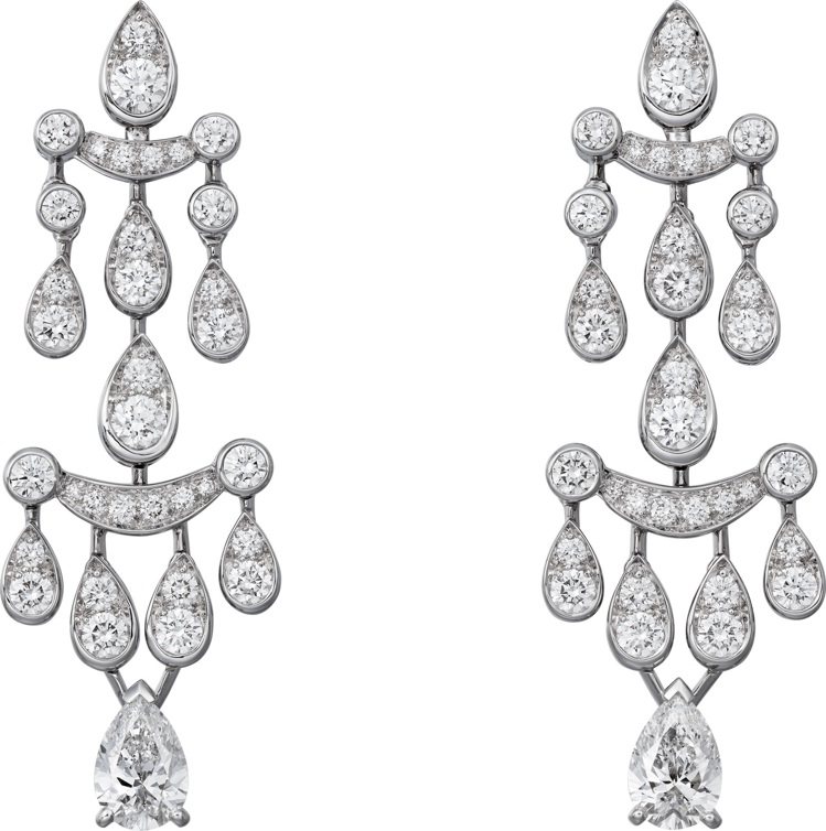 Pluie de Cartier鑽石耳環，白K金鑲嵌左右主石為各0.70克拉的梨形切割鑽石，303萬元。圖／卡地亞提供
