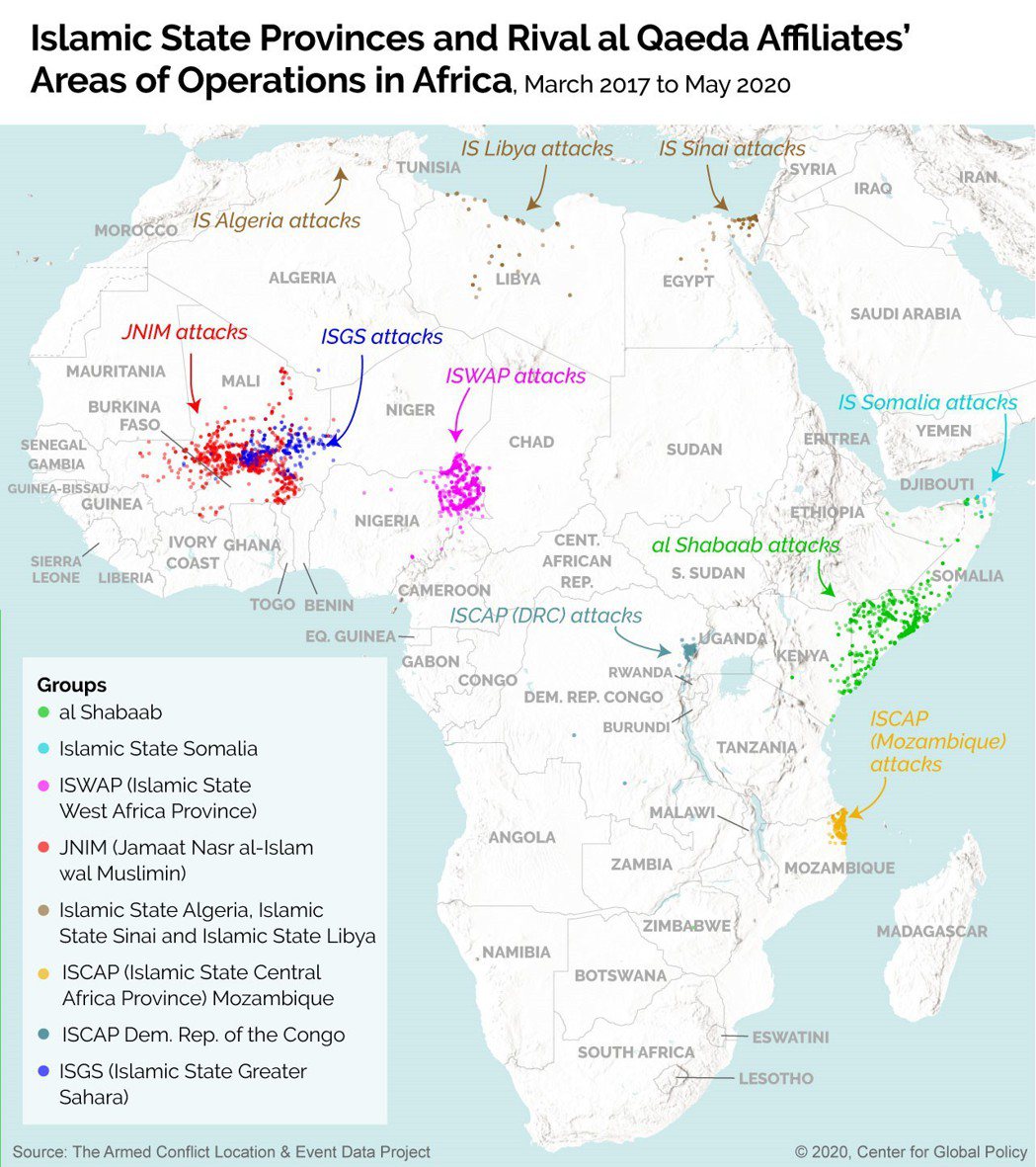 以「IS加盟兵團」身份持旗的非洲各區支部，自年初開始活動頻頻。 圖／美國智庫「國...