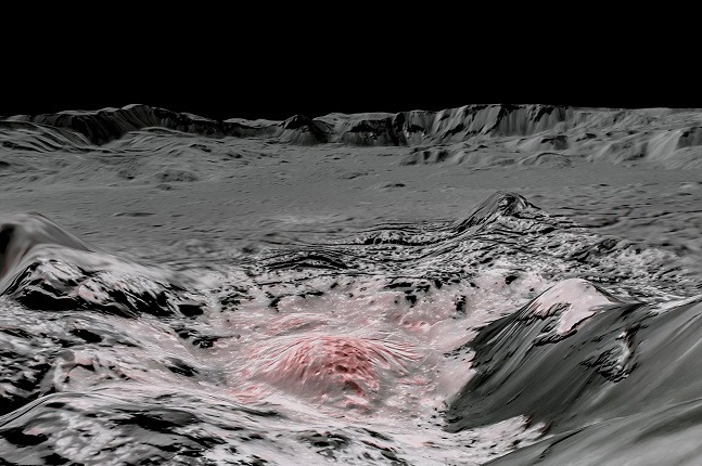 穀神星歐卡托撞擊坑合成圖，白色鹽殼經變色處理以顯示可能從地下湧上地表的鹽水。路透