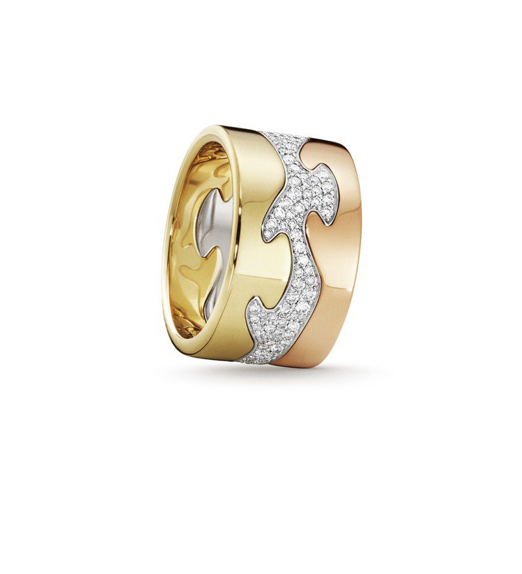 GEORG JENSEN FUSION（三件式）戒指，18K黃金、玫瑰金、白金鑲嵌明亮式切割鑽石，23萬3,000元起。圖／喬治傑生提供
