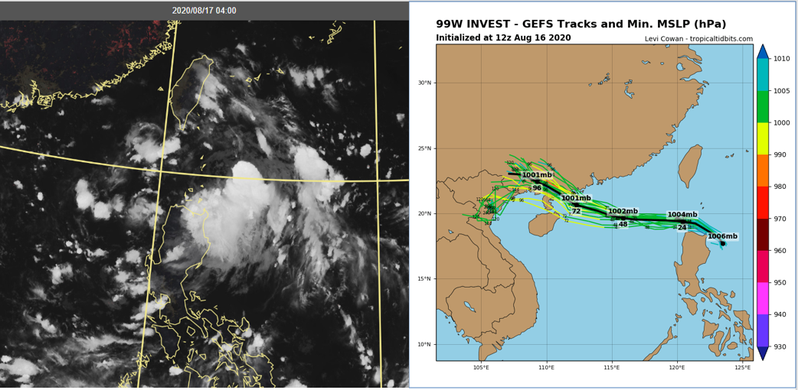 今(17日)晨4時真實色雲圖顯示，低壓雲系在呂宋島東北部近海，持續向西北西移動(左圖)。最新(16日20時)美國(GEFS)系集模式，模擬其進入南海後將逐漸發展，持續向廣東南部一帶前進 (右圖)。右圖擷自tropical tidbits