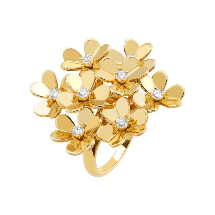 梵克雅寶Frivole黃K金鑲鑽8朵花戒指，27萬3,000元。圖／梵克雅寶提供