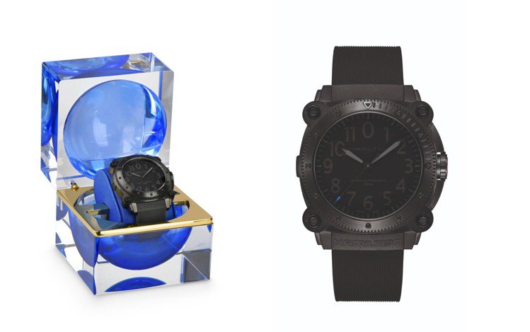 電影「天能」的特別「藍針款」BeLOWZERO腕表，68,500元，並附特製表盒，另有紅針款，同為68,500元。圖 / Hamilton提供。