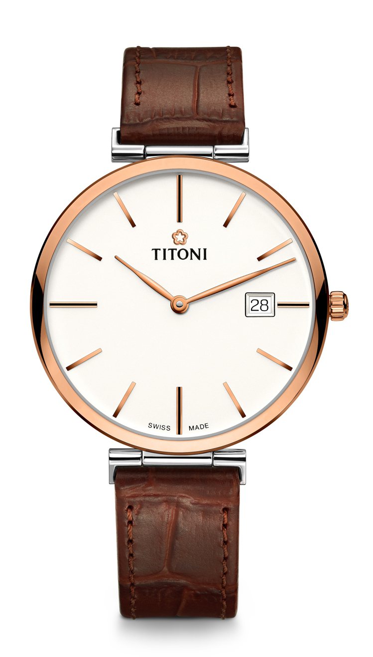 TITONI，Slenderline纖薄腕表，精鋼表殼、玫瑰金表圈，39毫米，自...