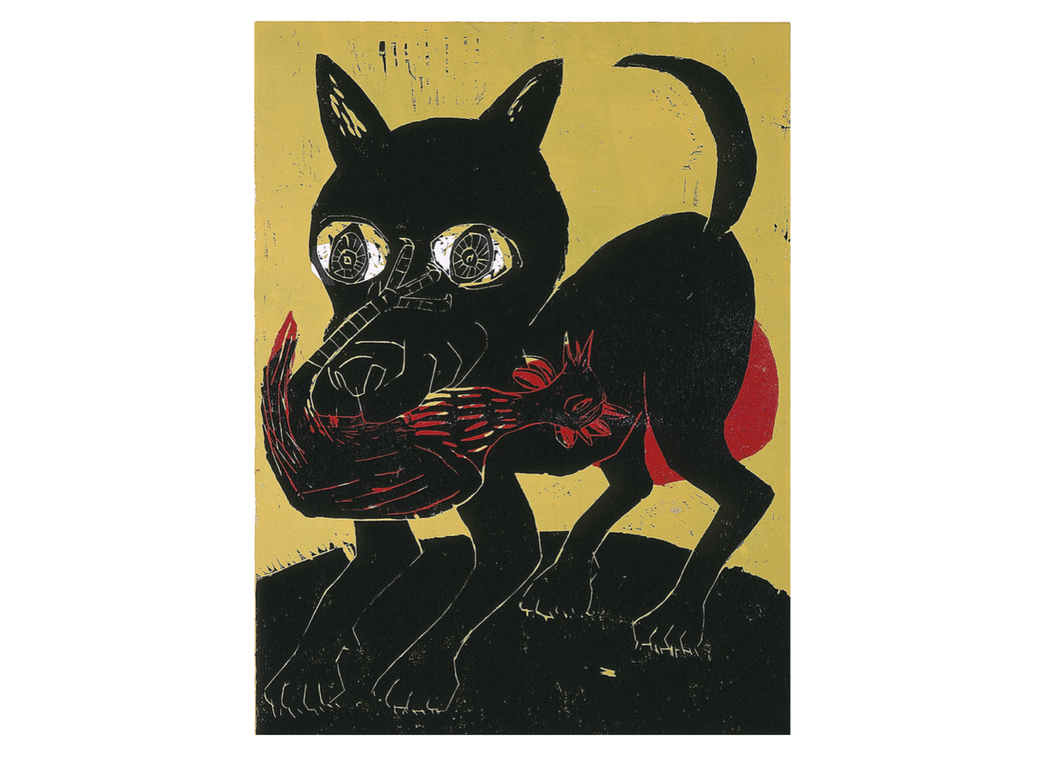 畫家吳松明早期的彩色版畫作品《狗咬鷄》。 圖／吳松明提供