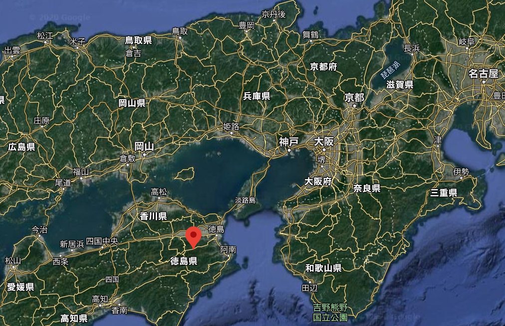 圖中紅標處為日本德島神山町。 圖／截至google map