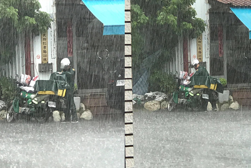 一名網友分享，在一場突如其來的大雨中，看到郵差選擇先幫所有的信件蓋上遮雨蓬。 圖截自爆廢公社