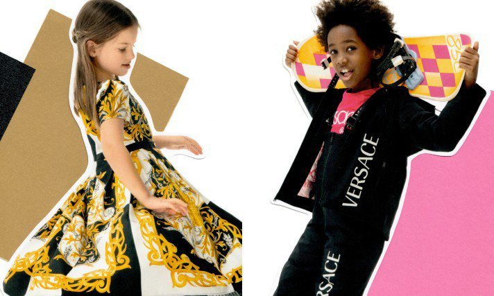 VERSACE全新2020年秋冬童裝系列曝光，形象廣告把穿著秋冬童裝系列邊側手翻、跳舞、玩滑板等姿態的小朋友們變成剪貼勞作本中的素材。圖／VERSACE提供