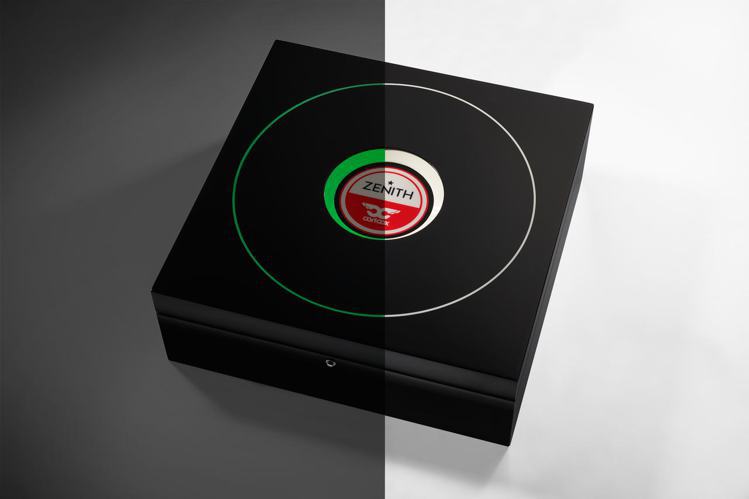 新潮優雅的表盒呈現打碟機的概念，中央有如黑膠唱片置身光影下的輪廓。圖／真力時提供