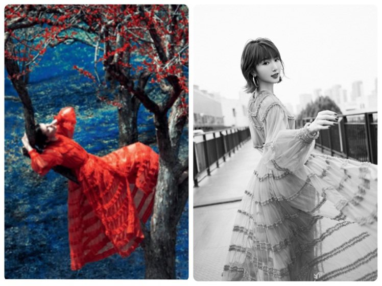 模特兒Brikillon和毛曉彤都演繹早秋紅色透視設計連身蛋糕裙。圖／取自微博、FENDI提供