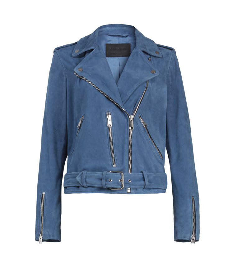 AllSaints Balfern藍色麂皮騎士皮衣19,700元。
