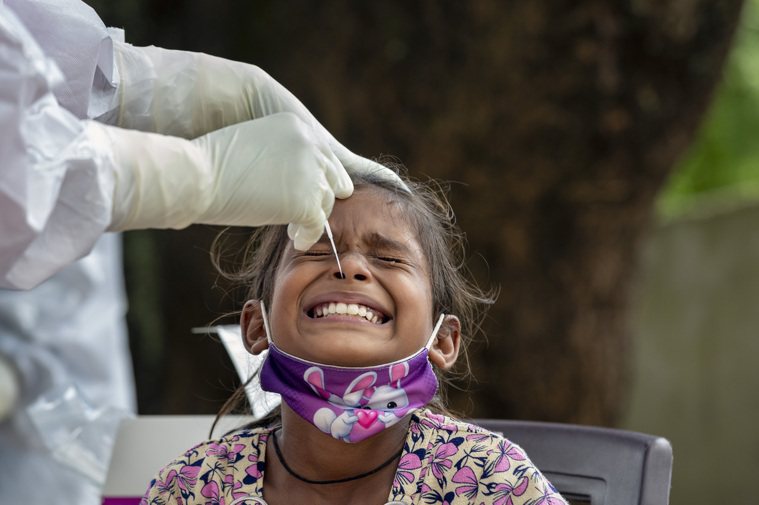 印度新冠病毒確診病例已超越巴西，僅次於病例最多的美國。圖為一女孩接受檢測。(美聯...