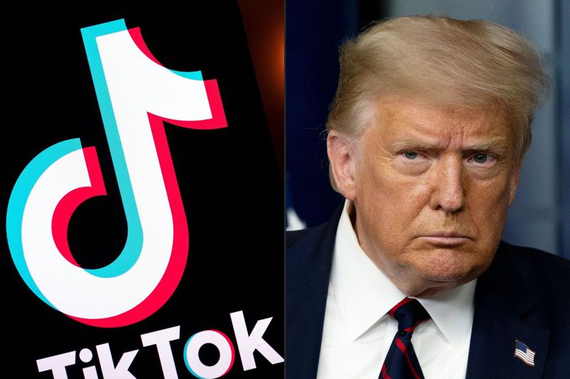 TikTok母公司字節跳動已與甲骨文達成交易案，就等美國總統川普點頭。圖為TikTok商標與川普的合成圖。法新社