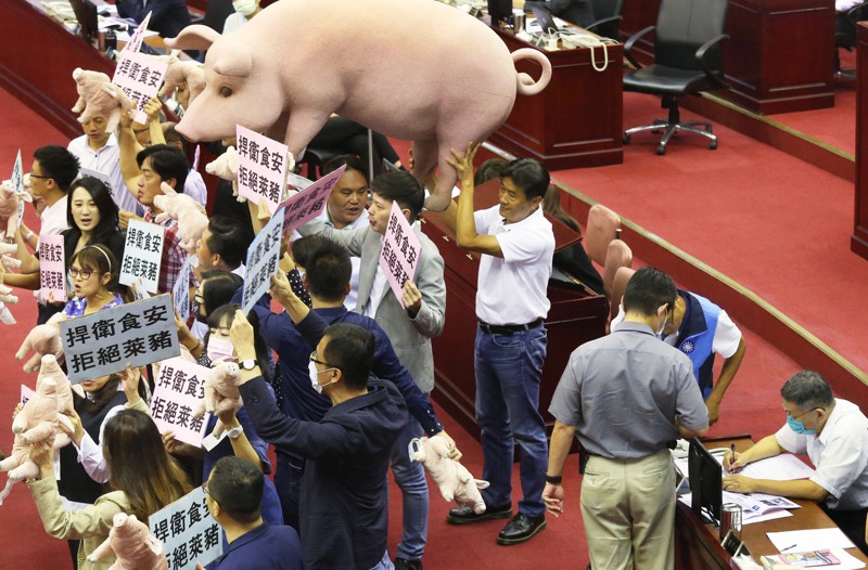 台北市議會下午進行市長柯文哲施政報告並備質詢。國民黨市議會黨團聚焦美豬議題，扛出一隻道具模型豬，要求柯文哲對反美豬表態。記者林俊良／攝影
