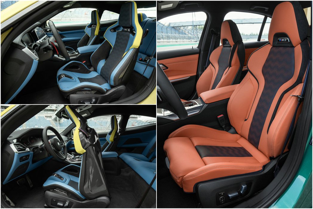 標配M運動化跑車座椅(右)，可選配升級輕量化M碳纖維桶形座椅(左)。 摘自BMW