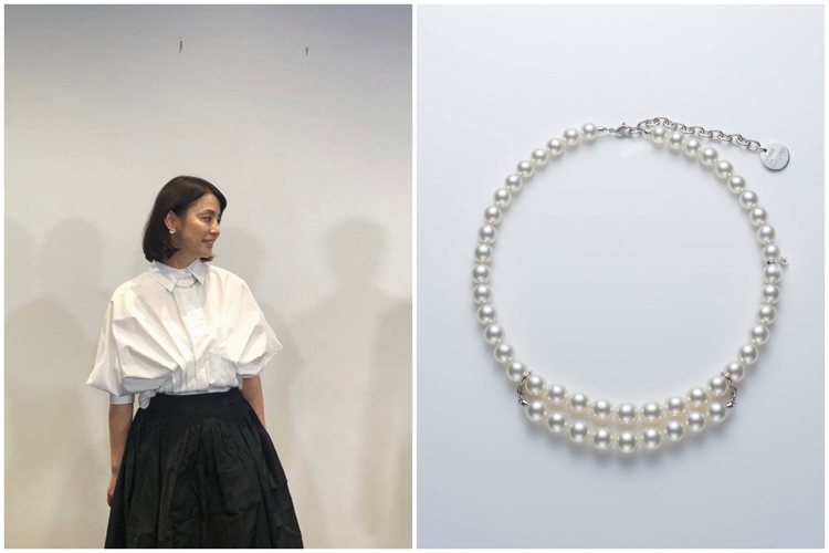 石田百合子配戴MIKIMOTO COMME des GARÇONS聯名系列珍珠串鍊，宣傳她的電影新作「希望」宣傳。圖／取自IG @yuriyuri1003