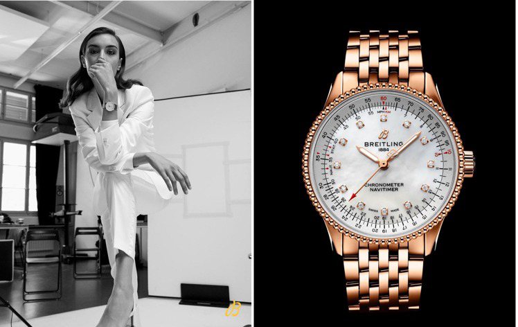 瑞士名模Ronja Furrer以白色西裝，戴上百年靈（Breitling）的Navitimer系列玫瑰金35毫米腕表，自信灑脫。圖 / 翻攝自ig。