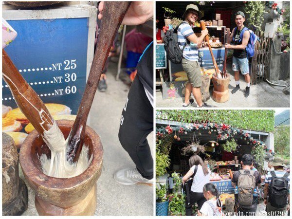 滿滿滿的遊客圍在「岩板巷廚房」店面前，可以搗麻糬，也能試喝小米酒。