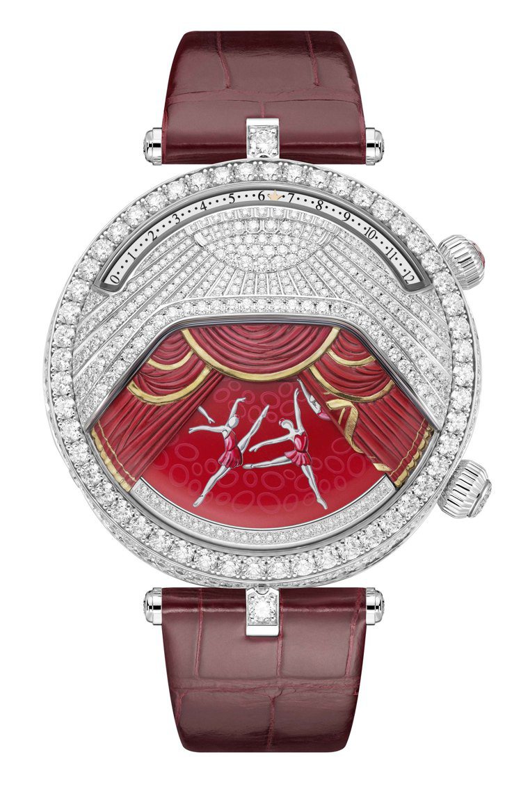 Lady Arpels Ballerine Musicale Rubis腕表，44.5毫米白K金鑲鑽及紅寶石、雕刻白K金、鑽石及微繪表盤、手上鍊機芯搭載逆跳時間顯示、按需啟動音樂動畫，獨立編號版，1390萬元。圖／梵克雅寶提供