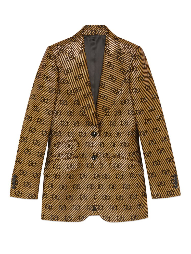 GUCCI，GG Logo 棕西裝外套，13萬元。圖 / GUCCI提供。
