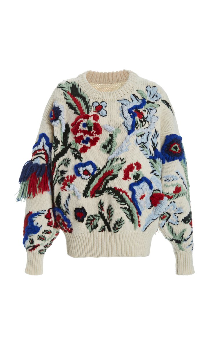 手工編織瓷彩花紋毛衣，33,900元。圖／Tory Burch提供