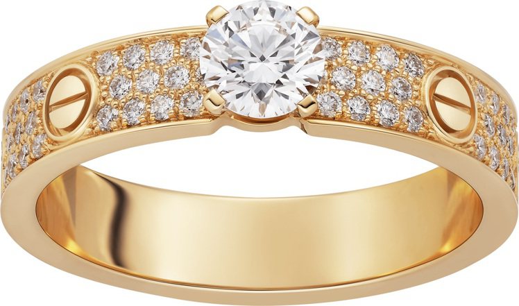 卡地亞玫瑰K金LOVE鋪鑲單鑽戒指，備有0.30至0.34克拉明亮式切割主鑽可選，並鋪鑲上圓形明亮式切割鑽石，25萬2,000元起。圖／卡地亞提供