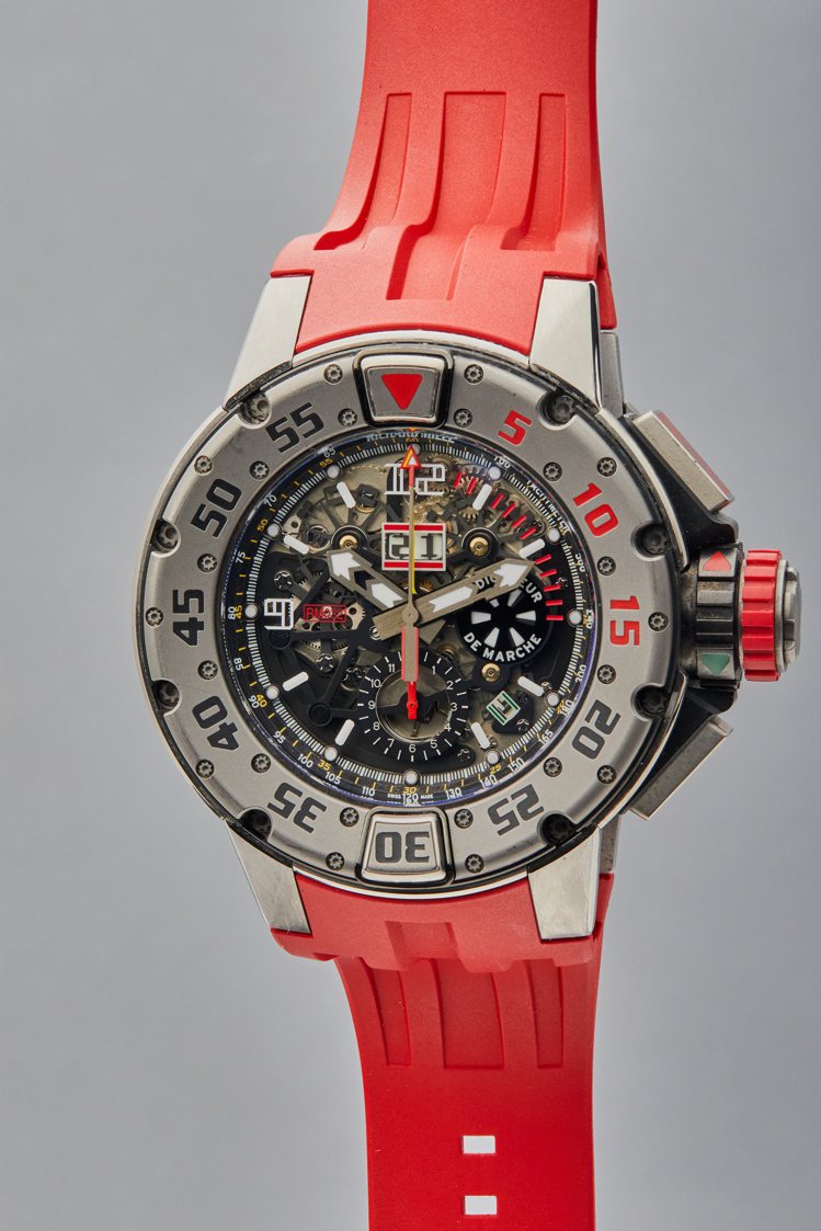 史特龍於「浴血任務 3」中曾配戴的型號RM032-TI鈦金屬年曆腕表，估價60,000美元起。圖／富藝斯提供