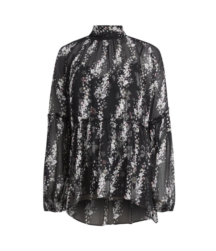 AllSaints Eimear黑色印花高領絲質上衣7,300元。圖／AllSaints提供