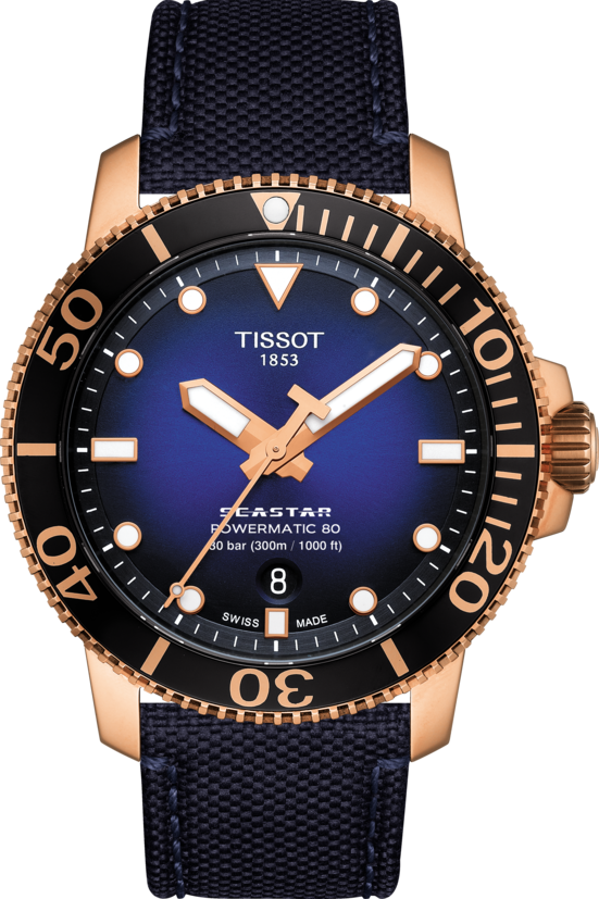 天梭表全球首發款Seastar 1000 World Premiere海星系列潛水表，玫瑰金PVD不鏽鋼表殼、陶瓷表圈，約26,700元。圖／TISSOT提供