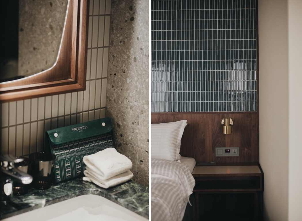 浴室同樣採用木質、馬賽克磚、磨石子與大理石，以不同色系創造不同空間表情。與台南「...