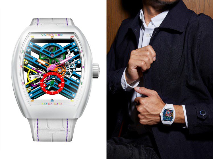Franck Muller新款的VANGUARD七日動力儲存鏤空腕表，彩色、歡樂、長動能，168萬元。圖 / Franck Muller提供。