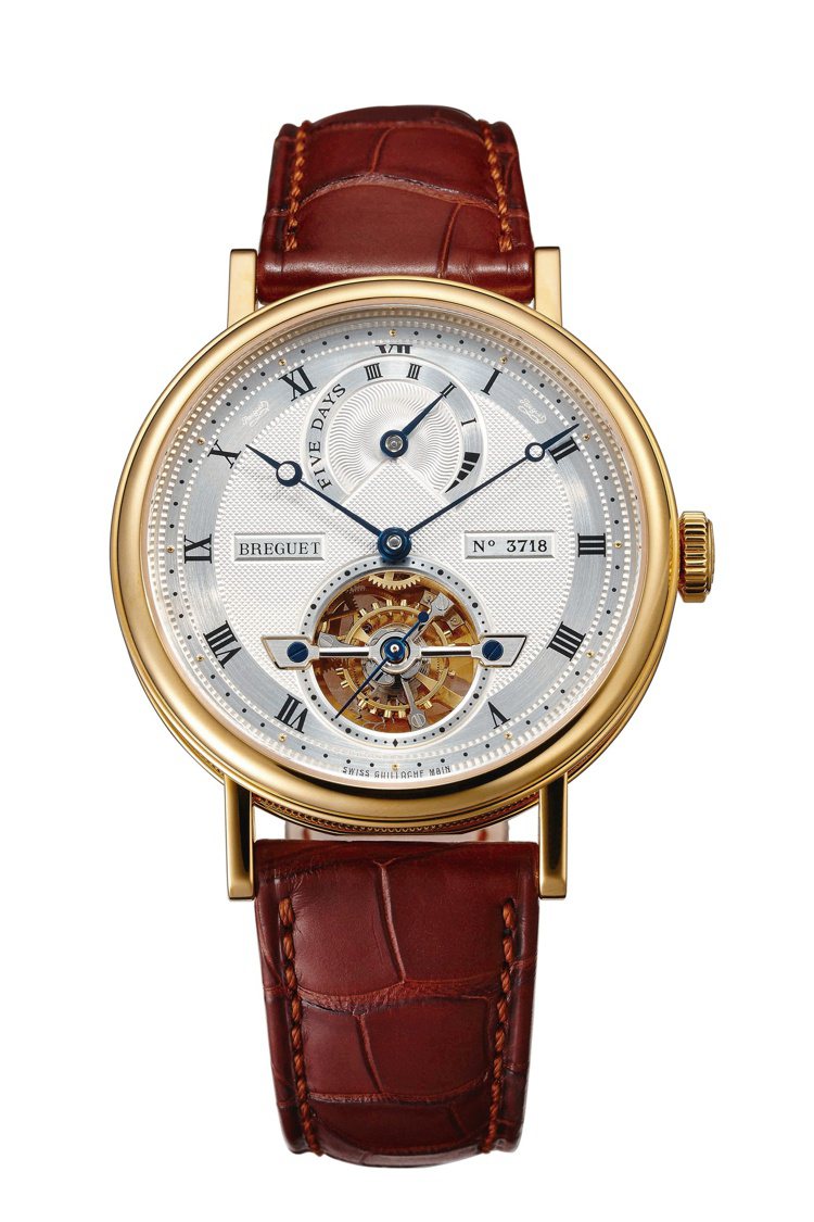 寶璣（Breguet）5317五日鍊長動能腕表帶有品牌招牌的複雜功能「陀飛輪」，添增了收藏價值，專賣店限定。圖 / Breguet提供。