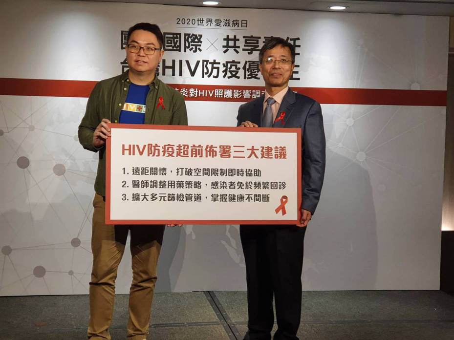 新冠肺炎恐影響HIV醫療照護，台灣同志諮詢熱線政策推廣部主任杜思誠（左）及台灣愛滋病學會理事長洪健清（右）建議可用三大超前部署因應。記者楊雅棠／攝影