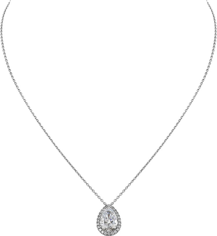 Cartier Destinée梨形切割鑽石項鍊，鉑金鑲嵌一顆2.02克拉的梨形切割主鑽與鑽石，161萬元。圖／卡地亞提供