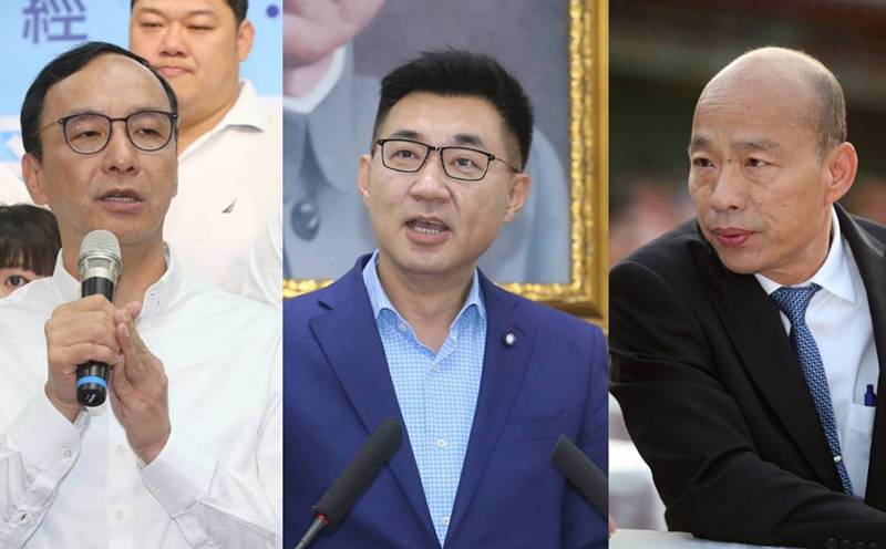 國民黨主席明年8月改選，現任主席江啟臣（中）、前主席朱立倫（左）、高雄市前市長韓國瑜（右）是潛在競爭者，但三人均尚未表態。圖／聯合報系資料照片