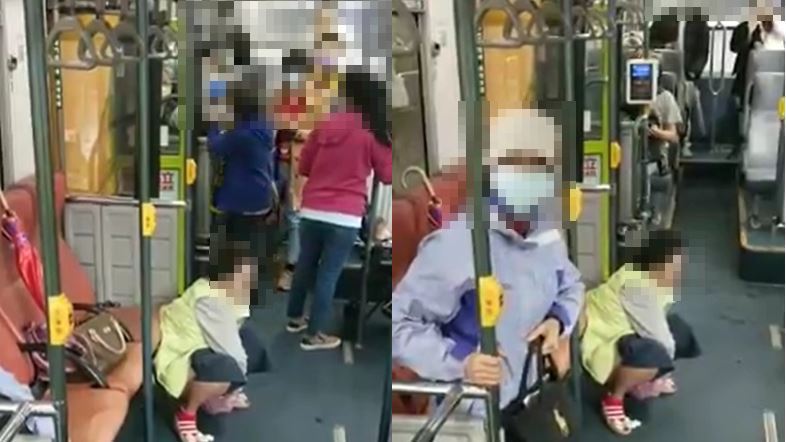 今日在台北公車299路線，有民眾目睹一名婦人不顧一旁民眾眼光，直接脫褲蹲在地上大號。 圖／爆廢1公社