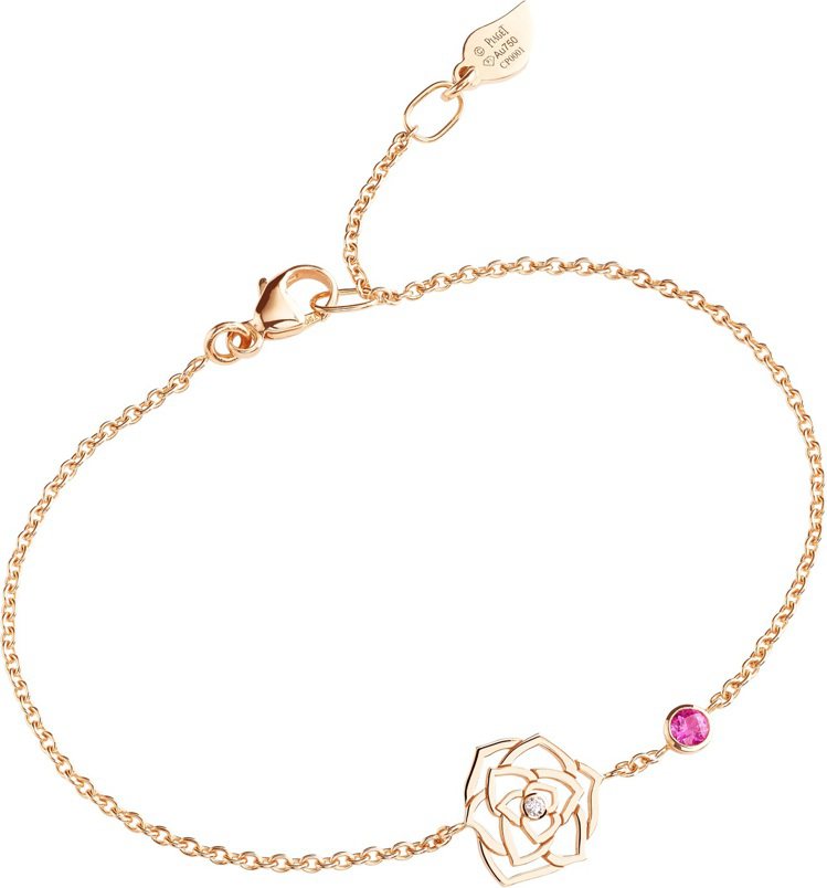 PIAGET Rose系列18K玫瑰金粉紅藍寶石手鍊，42,500元。圖 / PIAGET提供。